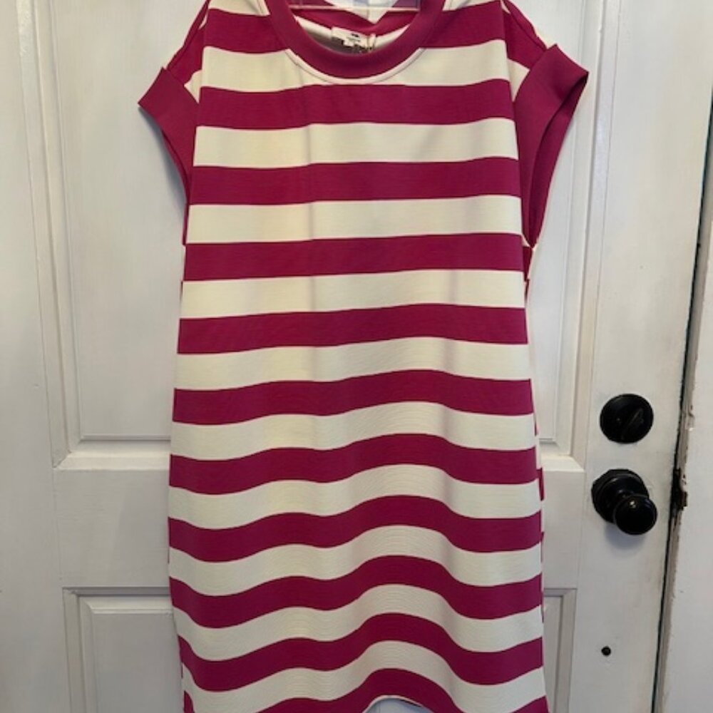 Entro Dress Womens Pink White Stripe Sleeveless Mini Dress Pockets, Large, NEW